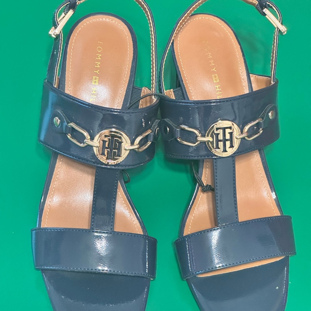 Tommy Hilfiger Women's Garza Dark Blue Sandals with Gold Accents NWOT Sz 10